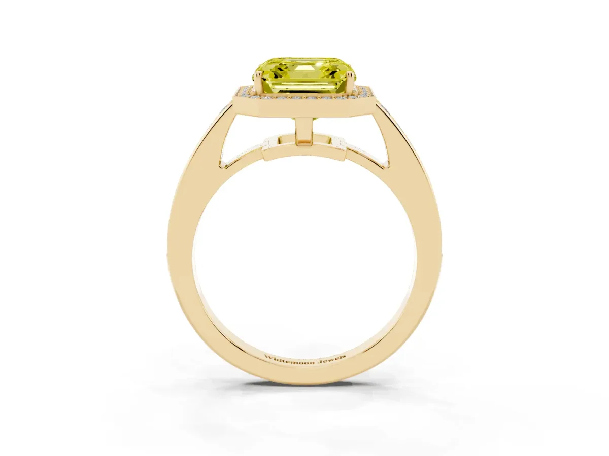 Fancy Yellow Asscher Cut Halo Pavé Diamond Engagement Ring with Bezel Setting Yellow gold