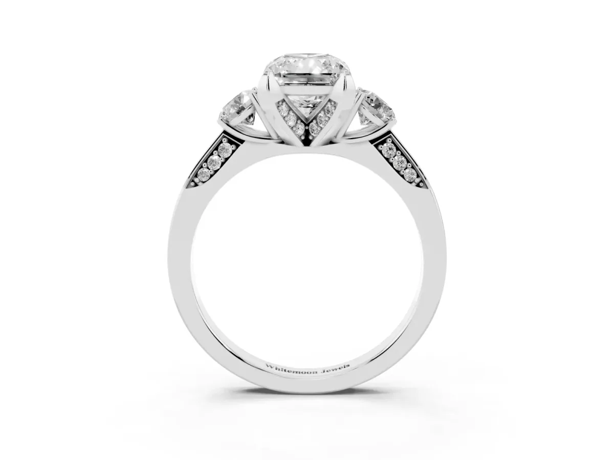 Radiant Cut Brilliant Three-Stone Diamond Ring with Pavé Band and Four-Prong Setting White gold