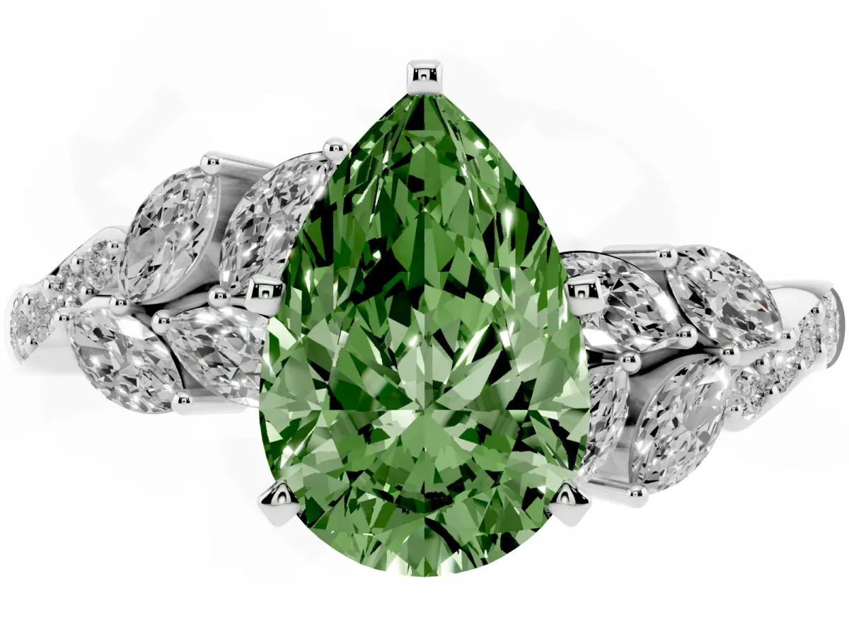 Fancy Green Pear Cut Solitaire Marquise Twist Band with Six-Prong Setting Silver