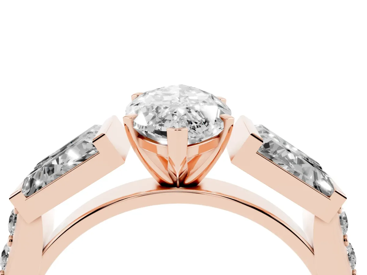 Marquise Cut Diamond Engagement Ring with Baguette Side Stones and Channel Set Band Rose gold