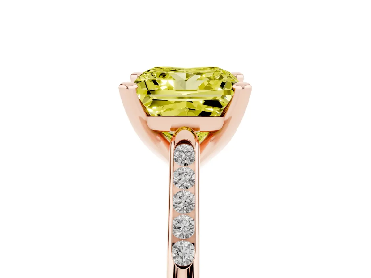 Fancy Yellow Princess Cut Diamond Solitaire Ring with Channel Set Round Band and Prong Setting Rose gold