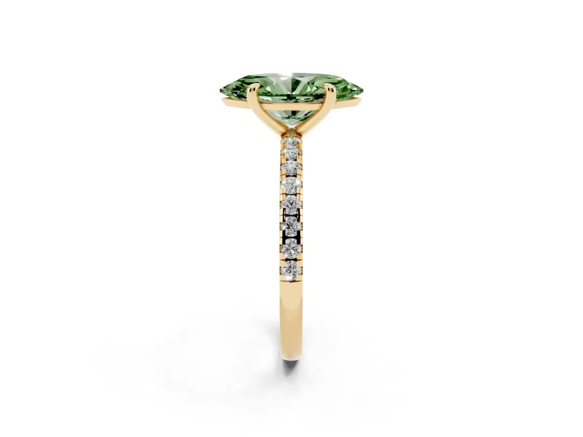 Fancy Green Marquise Cut Diamond Brilliant Solitaire Ring with Pavé Band and Four-Prong Setting Yellow gold