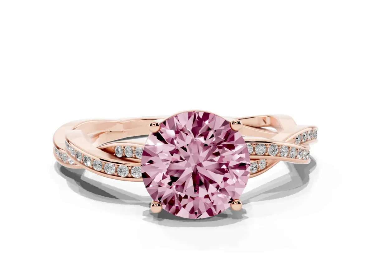 Fancy Pink Round Cut Solitaire Twisted Pave Diamond Ring with Four-Prong Setting Rose gold
