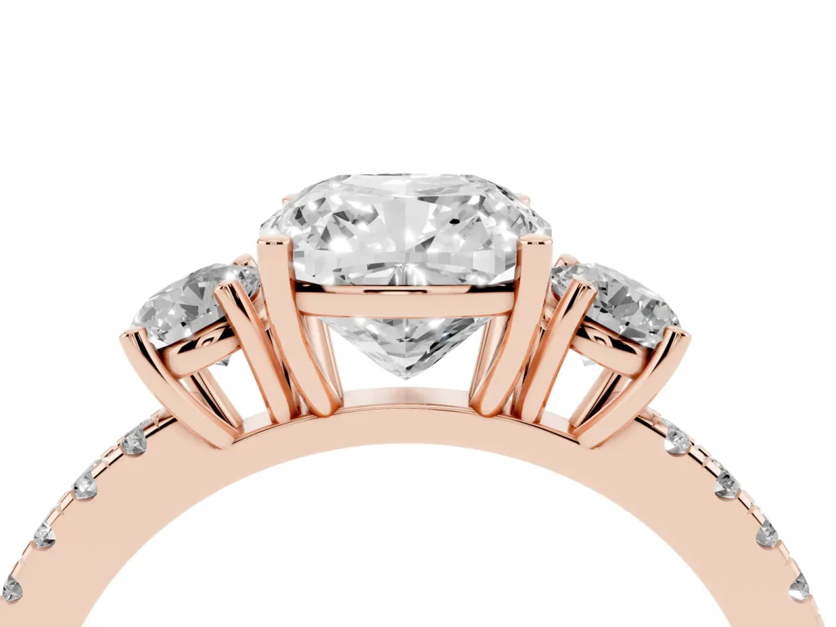 Three-Stone Cushion Cut Cut Diamond Pavé Band with Prong Setting Rose gold