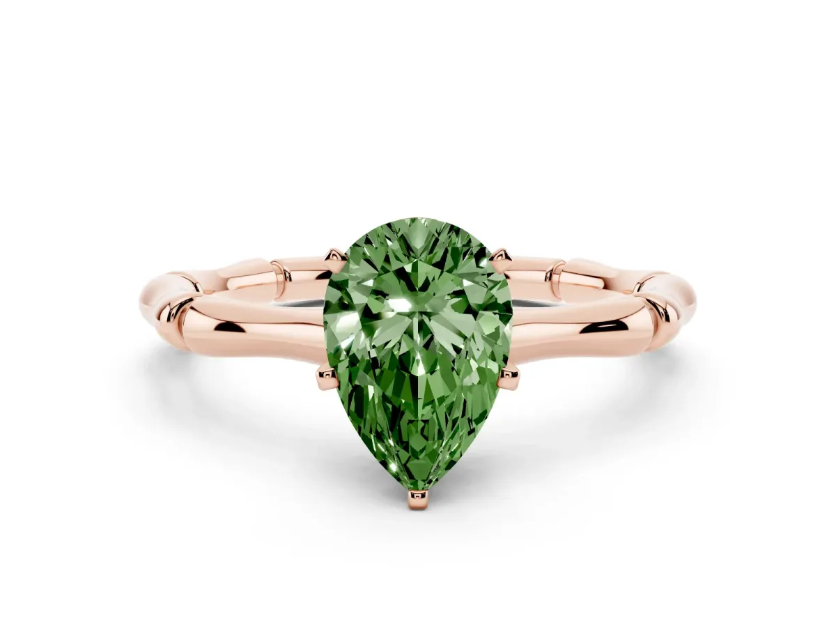 Fancy Green Pear Cut Solitaire Diamond Ring with Bamboo Band and Four-Prong Setting Rose gold