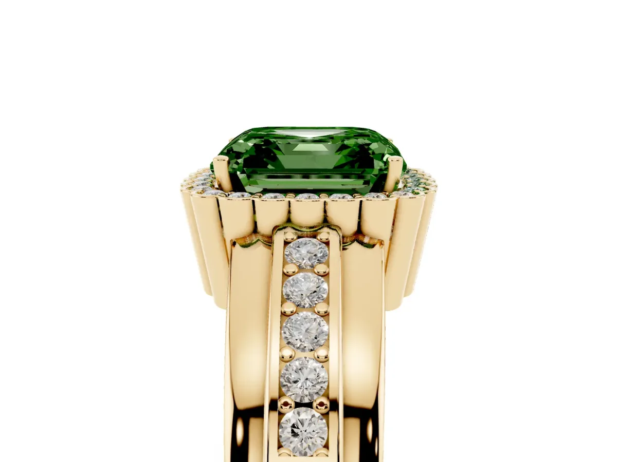 Fancy Green Asscher Cut Cut Halo Pave Band Four-Prong Ring Yellow gold