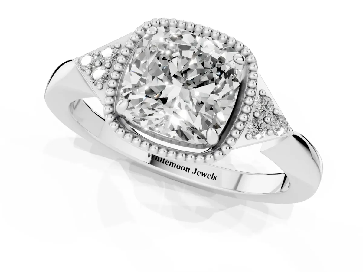 Hexagonal Halo Cushion Cut Diamond Solitaire with Pavé Band and Four-Prong Setting Silver
