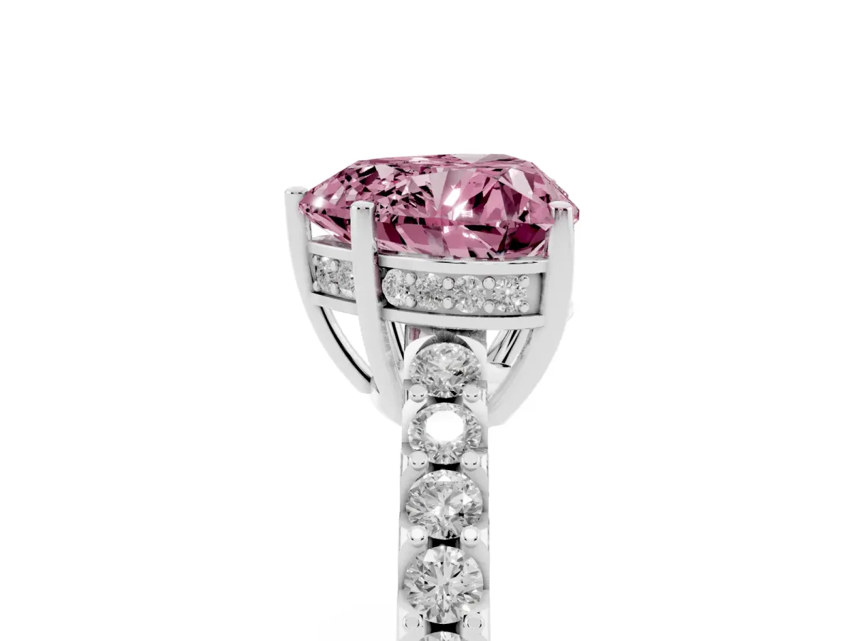 Fancy Pink Heart Cut Solitaire Diamond Engagement Ring with Pavé Band and Six-Prong Setting Platinum