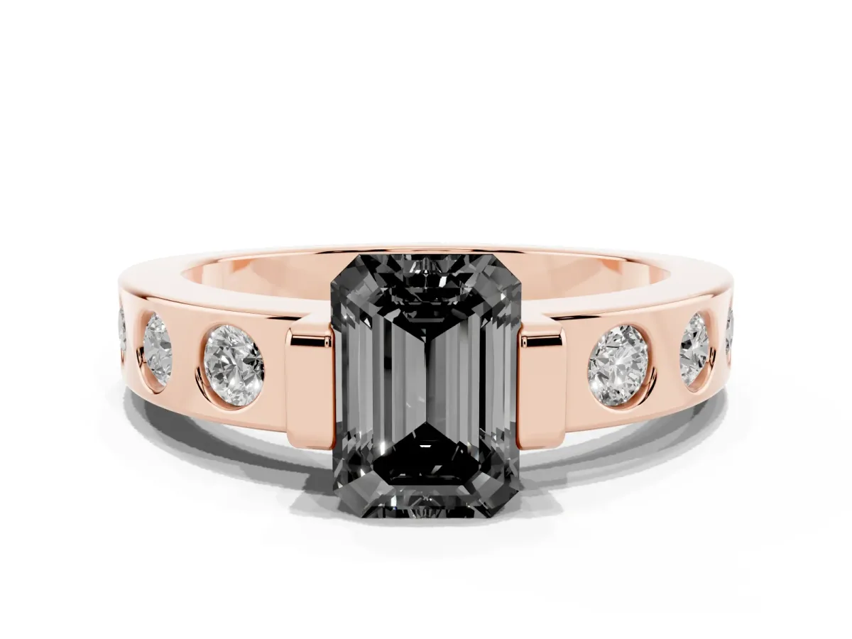 Fancy Black Emerald Cut Brilliant Channel-Set Diamond Ring with Bezel Prong Setting Rose gold
