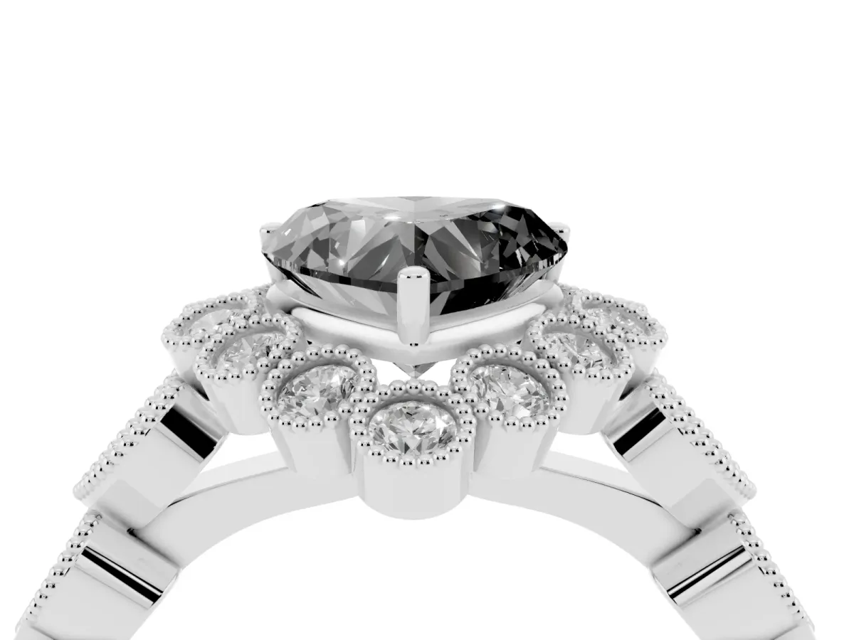 Fancy Black Heart Cut Brilliant Milgrain Pave Heart Band Solitaire Ring White gold