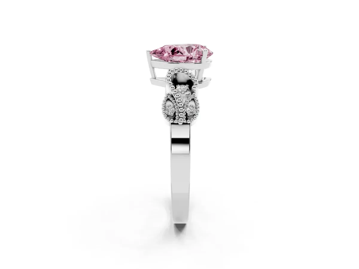 Fancy Pink Pear Cut Solitaire Milgrain Leaf Band with Prong Setting White gold