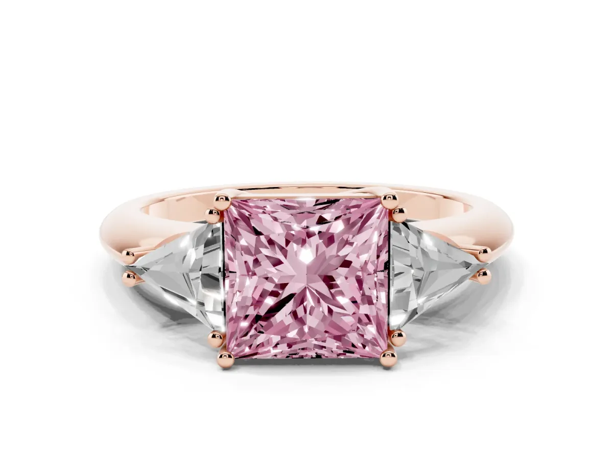 Fancy Pink Three-Stone Princess Cut Diamond Engagement Ring with Trillion Side Stones and Prong Setting Rose gold
