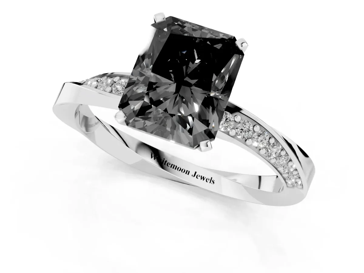 Fancy Black Radiant Cut Diamond Engagement Ring with Side Stone Accents and Four-Prong Setting Silver