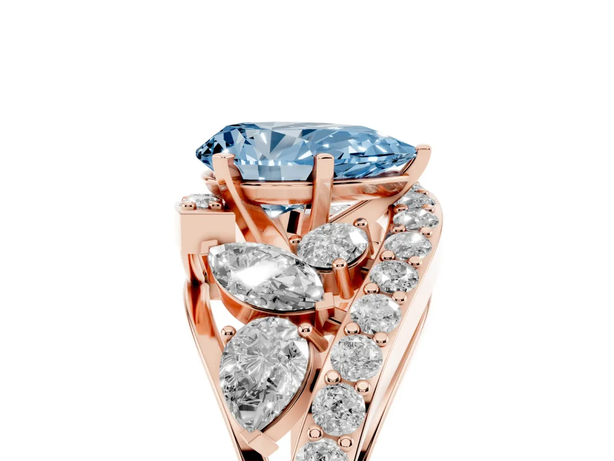 Fancy Blue Pear Cut Diamond Halo Ring with Marquise and Pavé Band in Prong Setting Rose gold