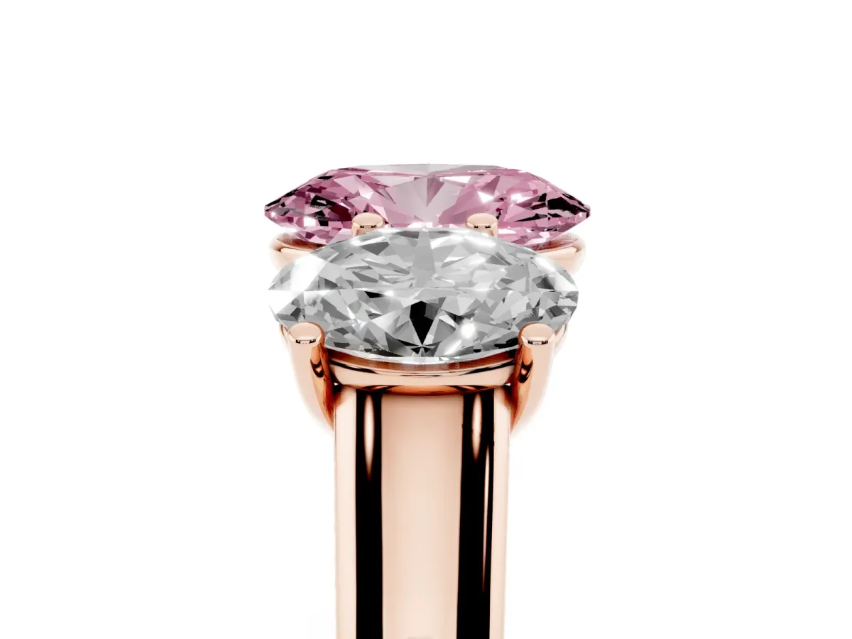 Fancy Pink Oval Cut Three-Stone Diamond Ring with Prong Setting on a Classic Band Rose gold