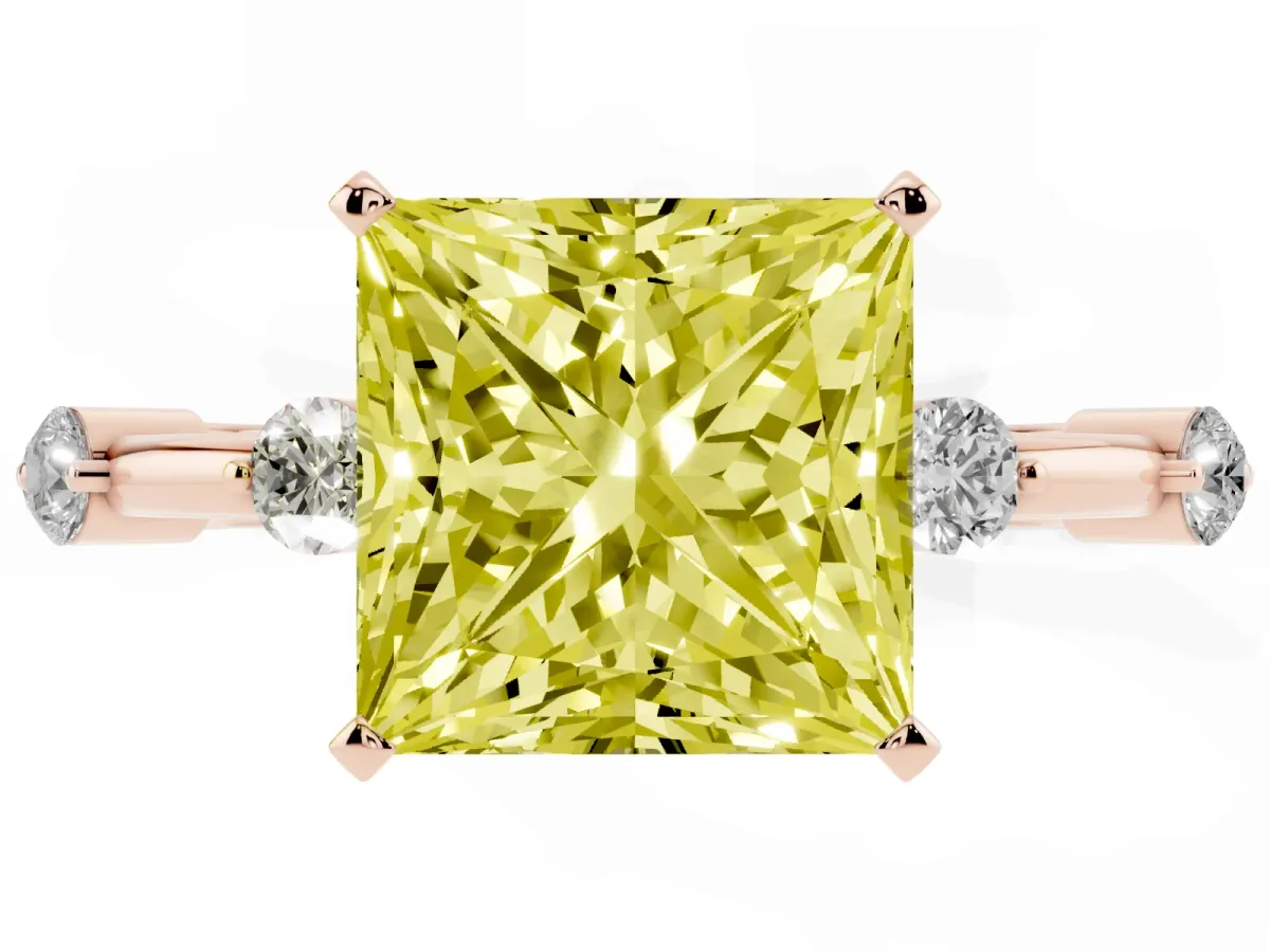 Fancy Yellow Princess Cut Solitaire Diamond Ring with Bezel Set Side Stones and Prong Setting Rose gold
