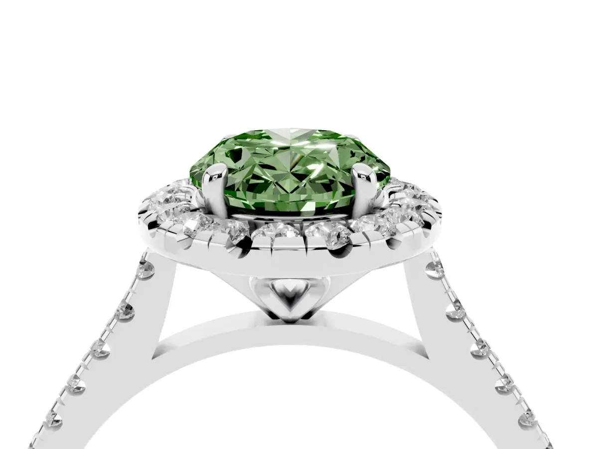 Fancy Green Oval Cut Diamond Cushion Halo Ring with Pavé Band Platinum