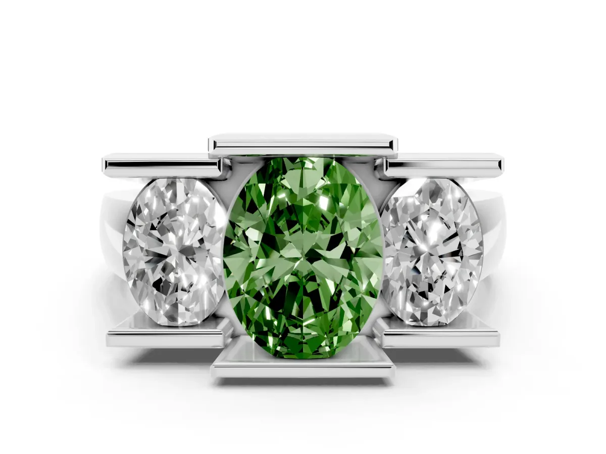 Fancy Green Three Stone Oval Cut Cut Channel Set Diamond Ring White gold