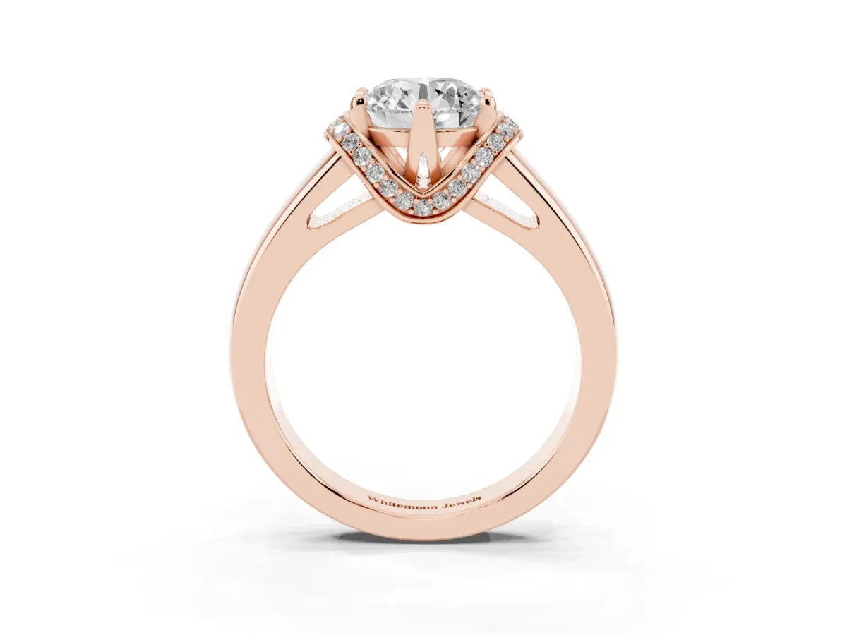 Round Cut Solitaire Diamond Ring with Pave Band and Six-Prong Setting Rose gold