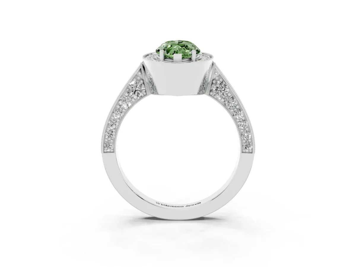 Fancy Green Marquise Cut Halo Diamond Engagement Ring with Split Shank Band and Four-Prong Setting Silver