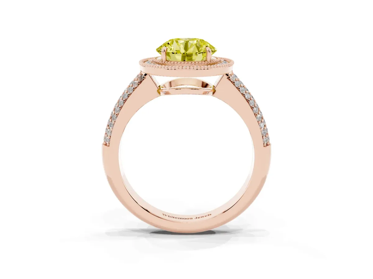 Fancy Yellow Round Cut Cut Halo Diamond Pave Band with Four-Prong Setting Rose gold