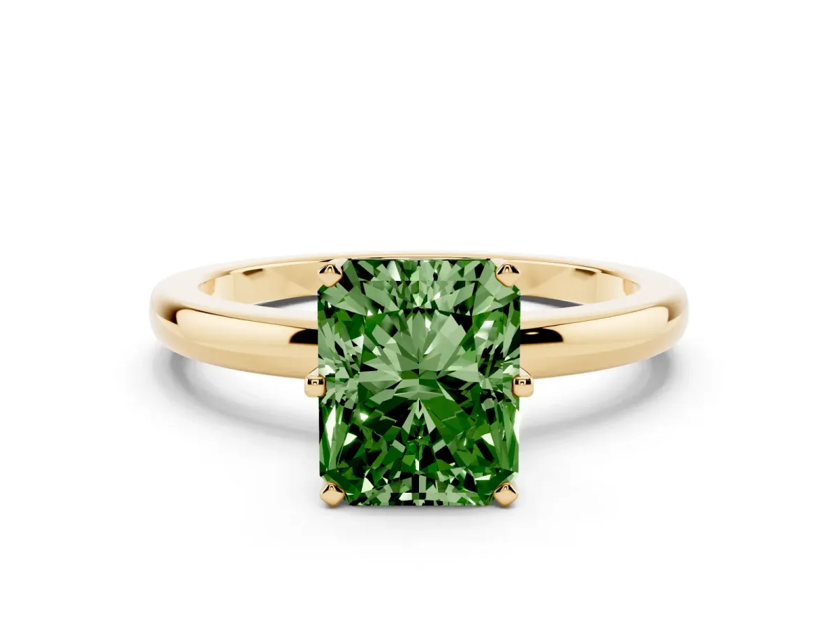 Fancy Green Radiant Cut Solitaire Diamond Ring with Six-Prong Setting on a Classic Band Yellow gold