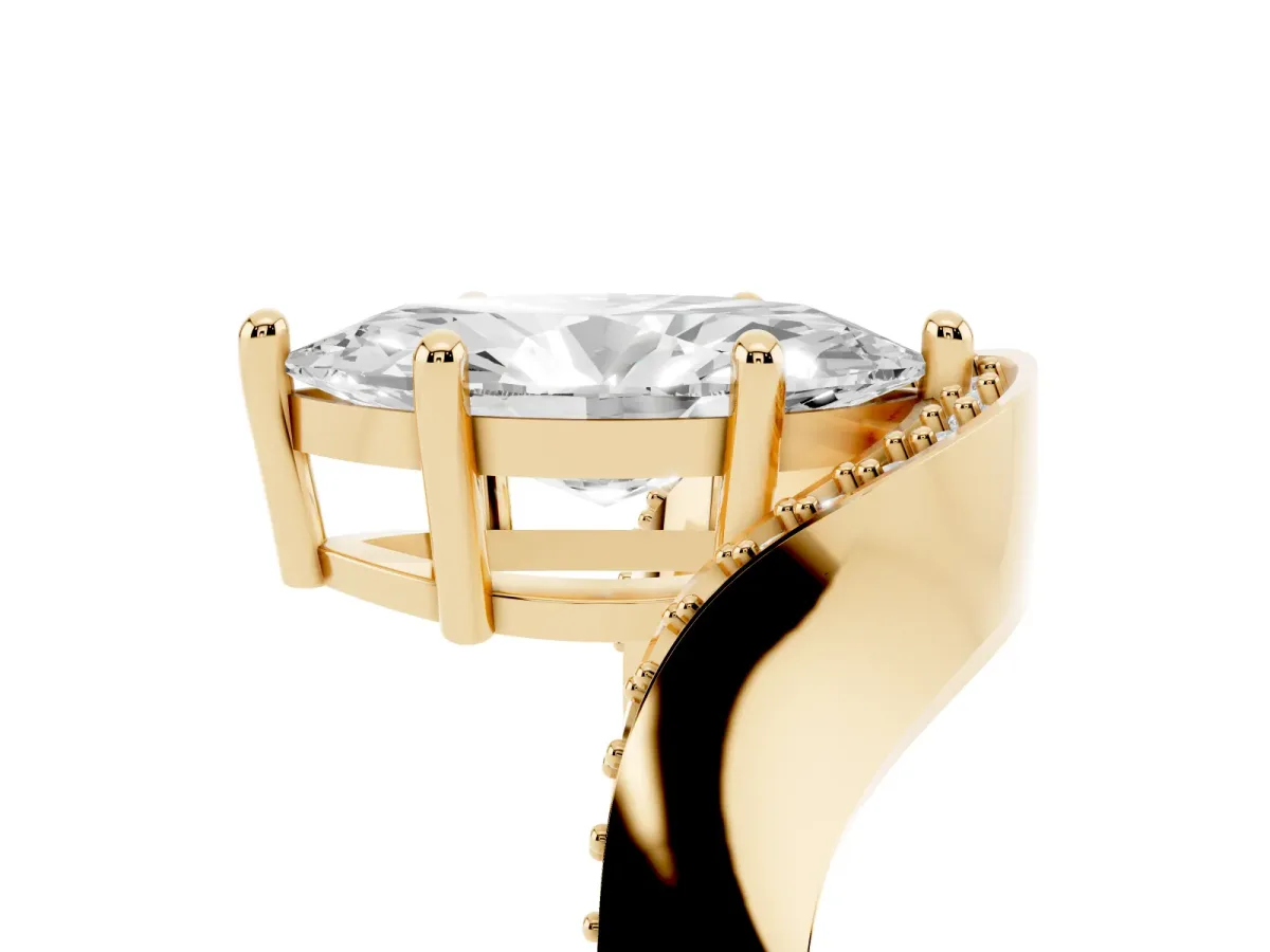 Marquise Cut Solitaire Diamond Engagement Ring with Pave Band and Four-Prong Setting Yellow gold