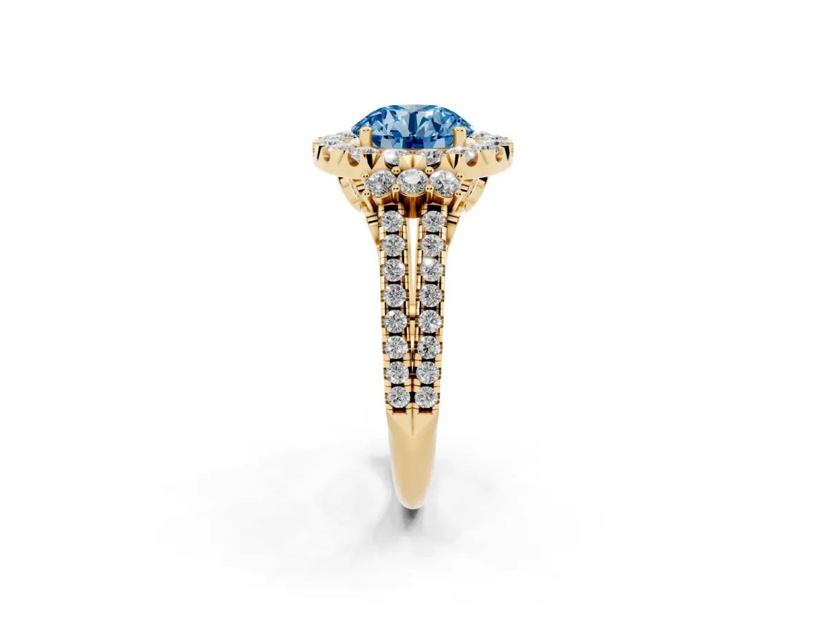 Fancy Blue Round Cut Cut Double Halo Diamond Engagement Ring with Pave Band and Four-Prong Setting Yellow gold