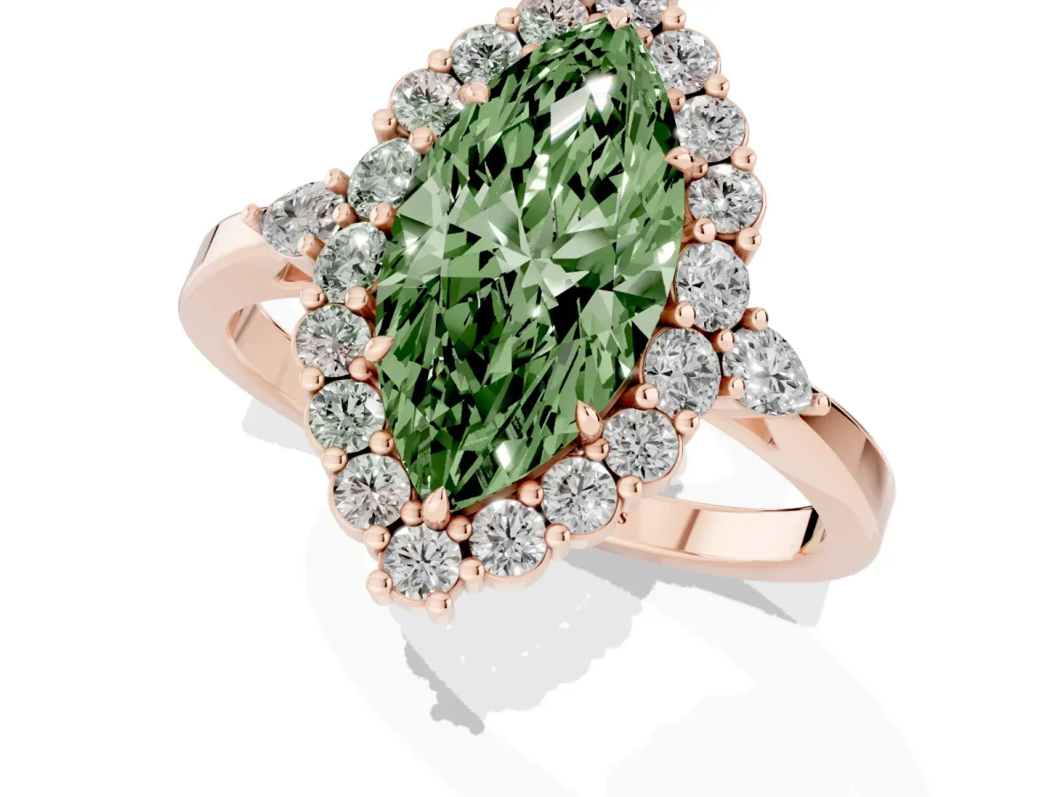 Fancy Green Marquise Cut Diamond Halo Ring with Pear Side Stones and Prong Setting Rose gold