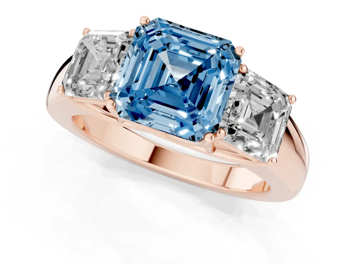 Fancy Blue Three-Stone Asscher Cut Cut Diamond Ring with Prong Setting and Classic Band Rose gold