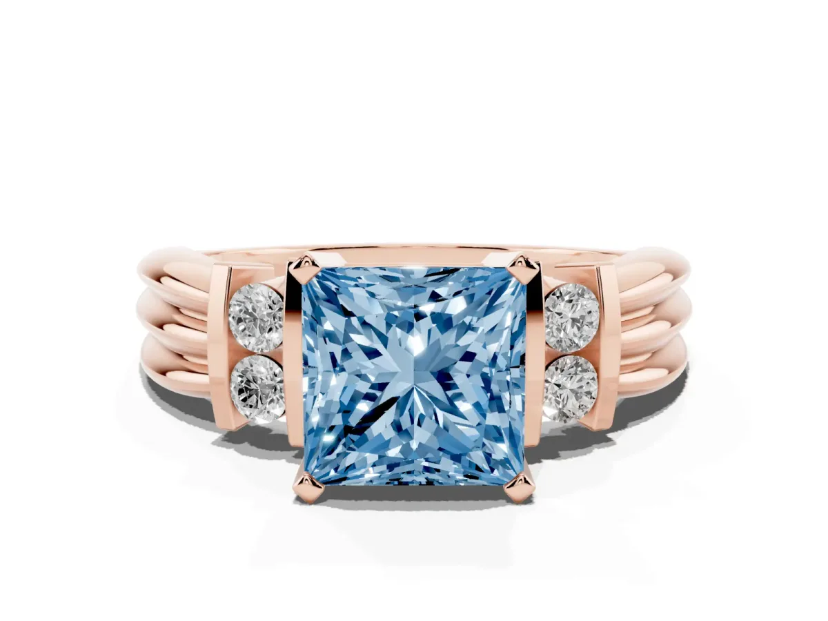 Fancy Blue Princess Cut Cut Three-Stone Channel Set Ring with Bar Prongs Rose gold