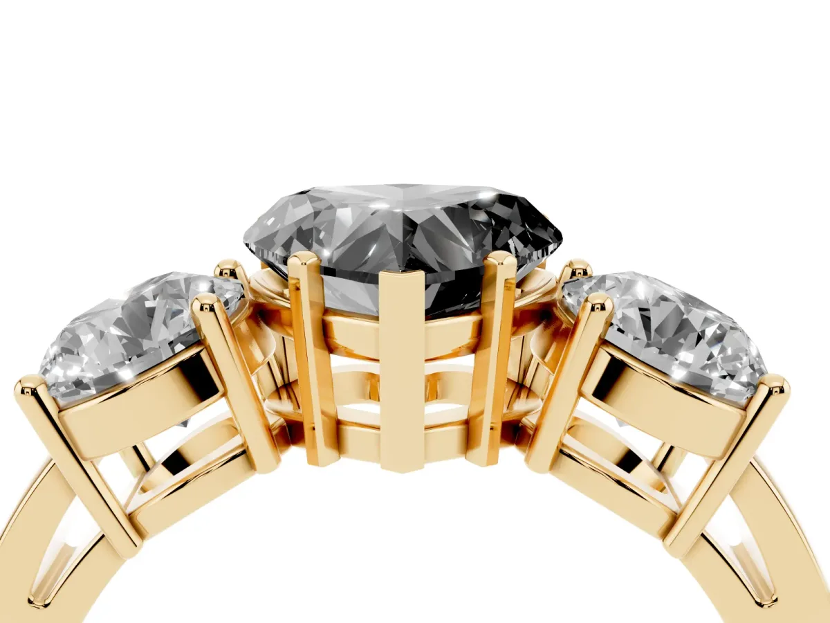 Fancy Black Three-Stone Heart Cut Diamond Ring with Round Side Stones, Classic Band, and Four-Prong Setting Yellow gold