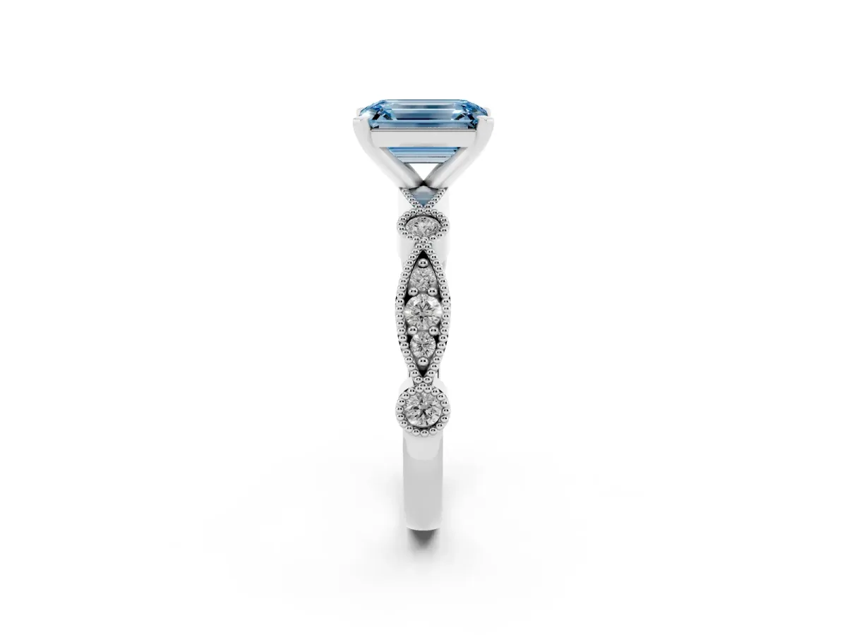 Fancy Blue Emerald Cut Milgrain Bezel Diamond Engagement Ring with Solitaire Prong Setting Silver