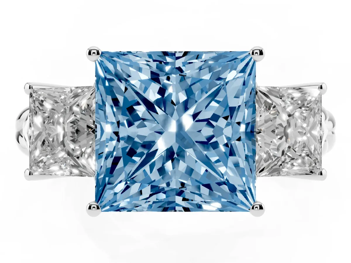 Fancy Blue Three-Stone Princess Cut Diamond Braided Band Ring with Four-Prong Setting Platinum