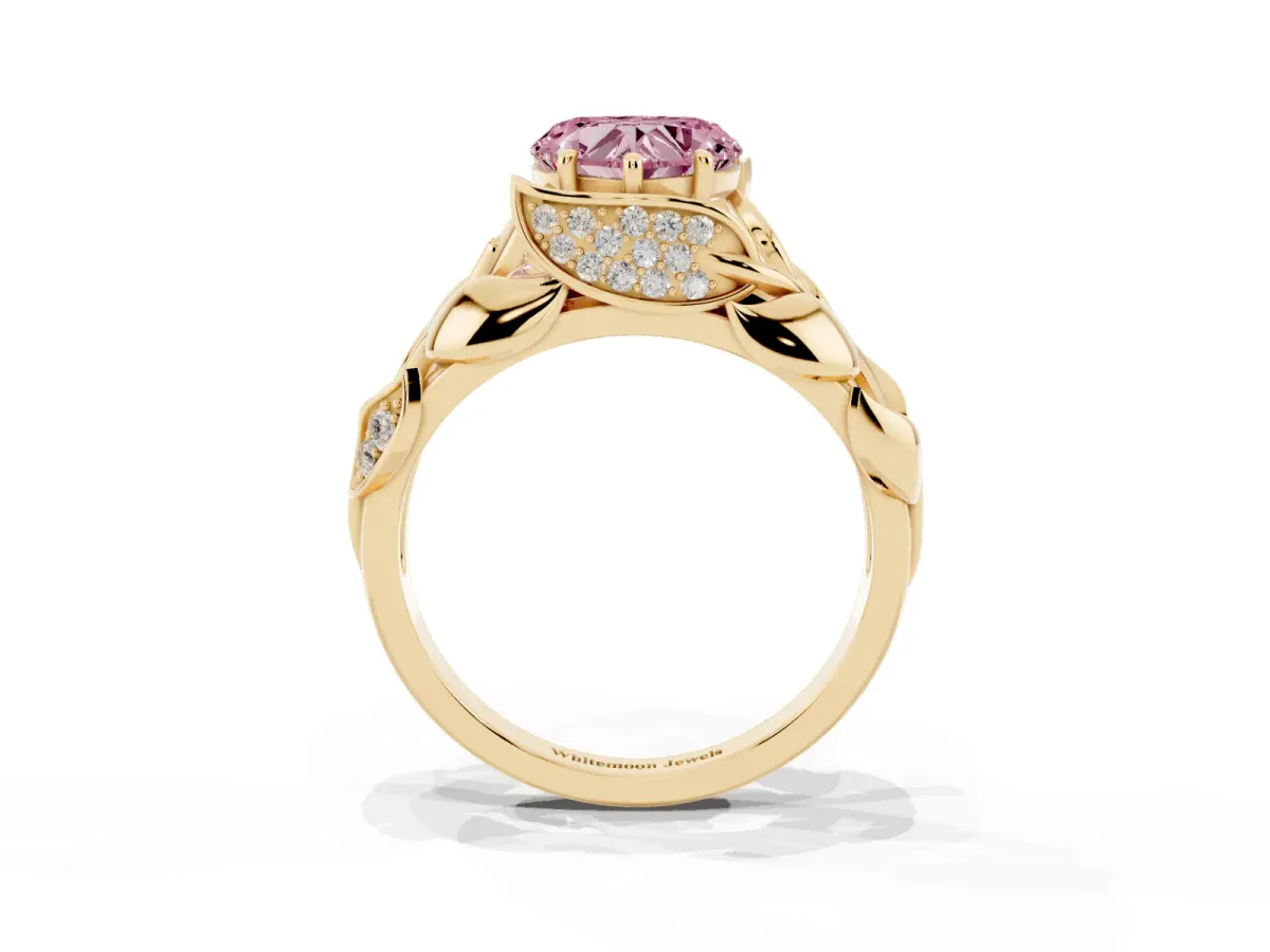 Fancy Pink Heart Cut Diamond Leaf-Inspired Engagement Ring with Round Accents and Prong Setting Yellow gold