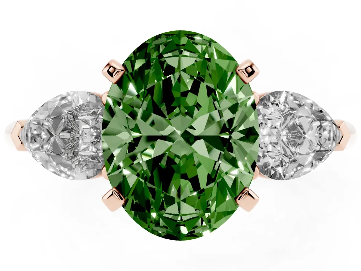 Fancy Green Three-Stone Oval Cut Diamond Ring with Pear Side Stones and Four-Prong Setting Rose gold