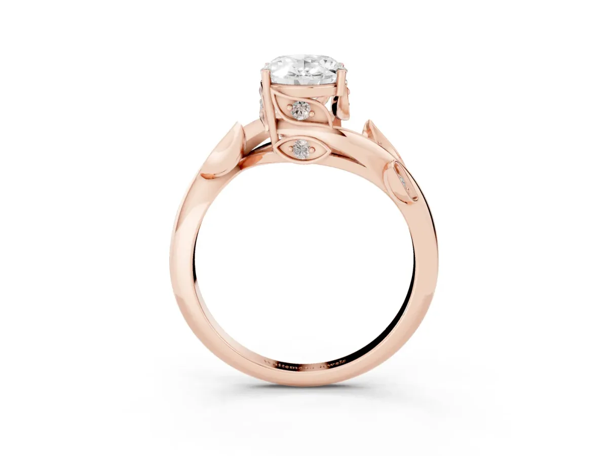 Oval Cut Solitaire Twist Engagement Ring with Leaf Accents and Prong Setting Rose gold