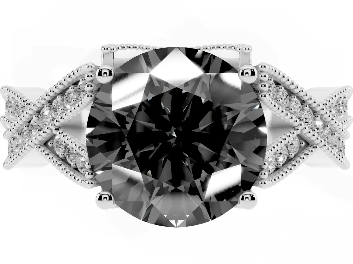 Fancy Black Round Cut Cut Diamond Twisted Band with Milgrain Pave Setting and Four-Prong Setting Silver