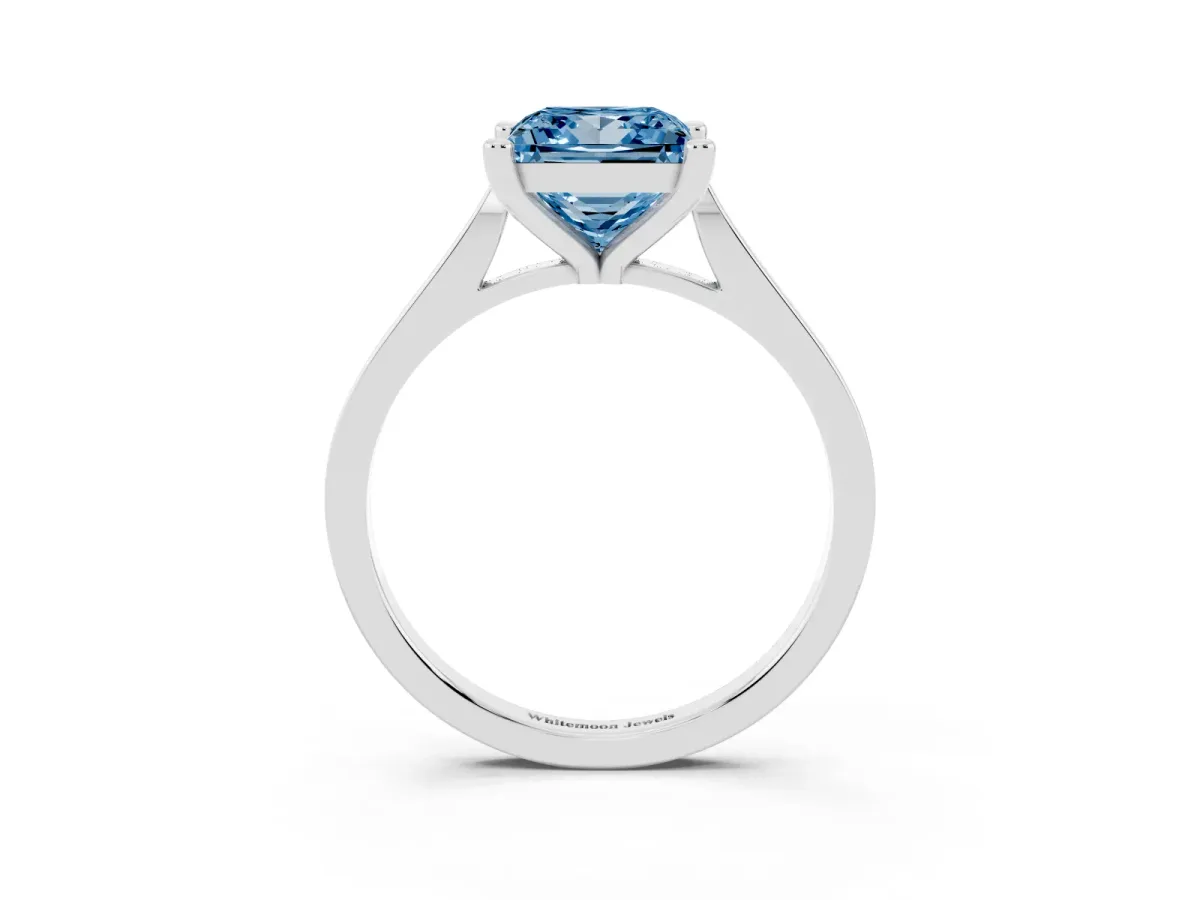Fancy Blue Princess Cut Solitaire Diamond Ring with Four-Prong Setting and Tapered Band White gold