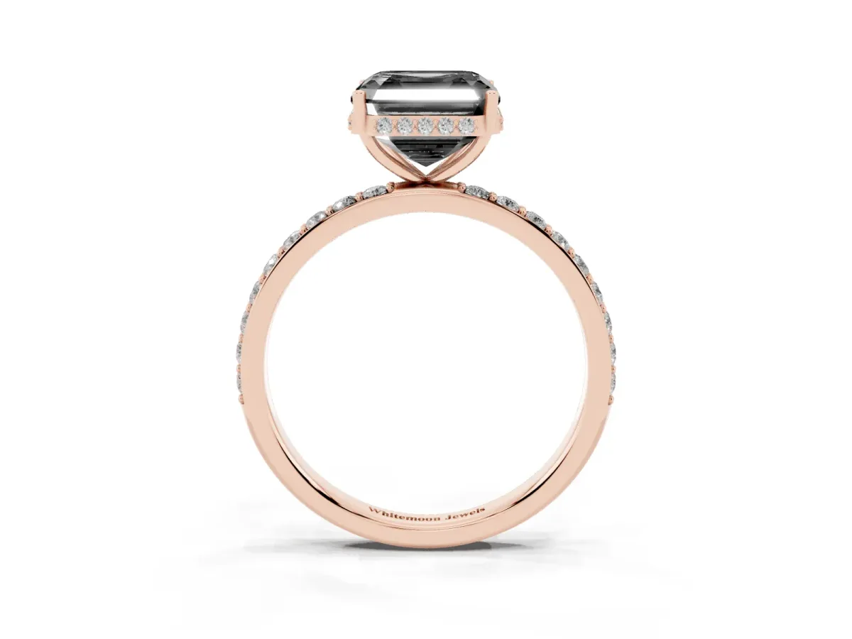 Fancy Black Asscher Cut Diamond Solitaire Ring with Pavé Band and Hidden Halo Rose gold