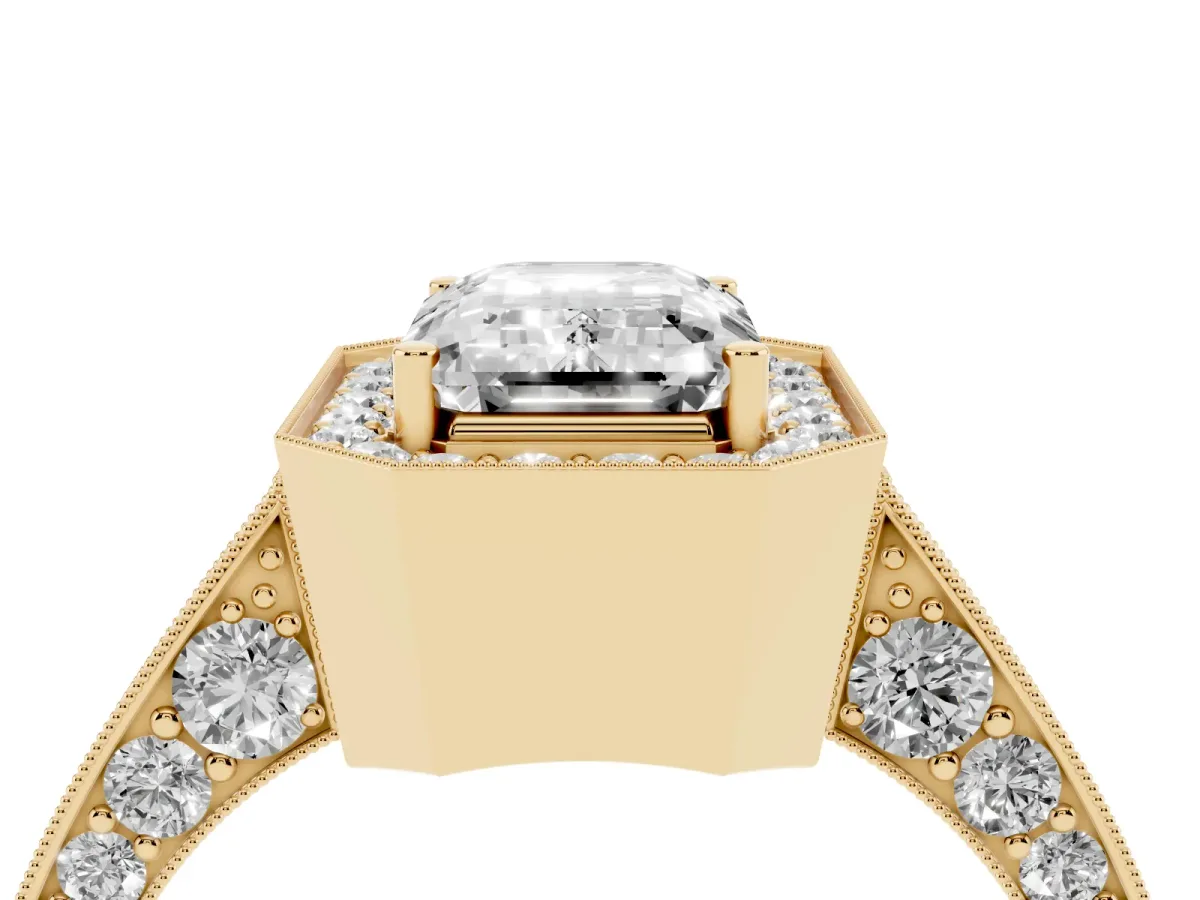Emerald Cut Halo Diamond Engagement Ring with Split Shank Band and Four-Prong Setting Yellow gold