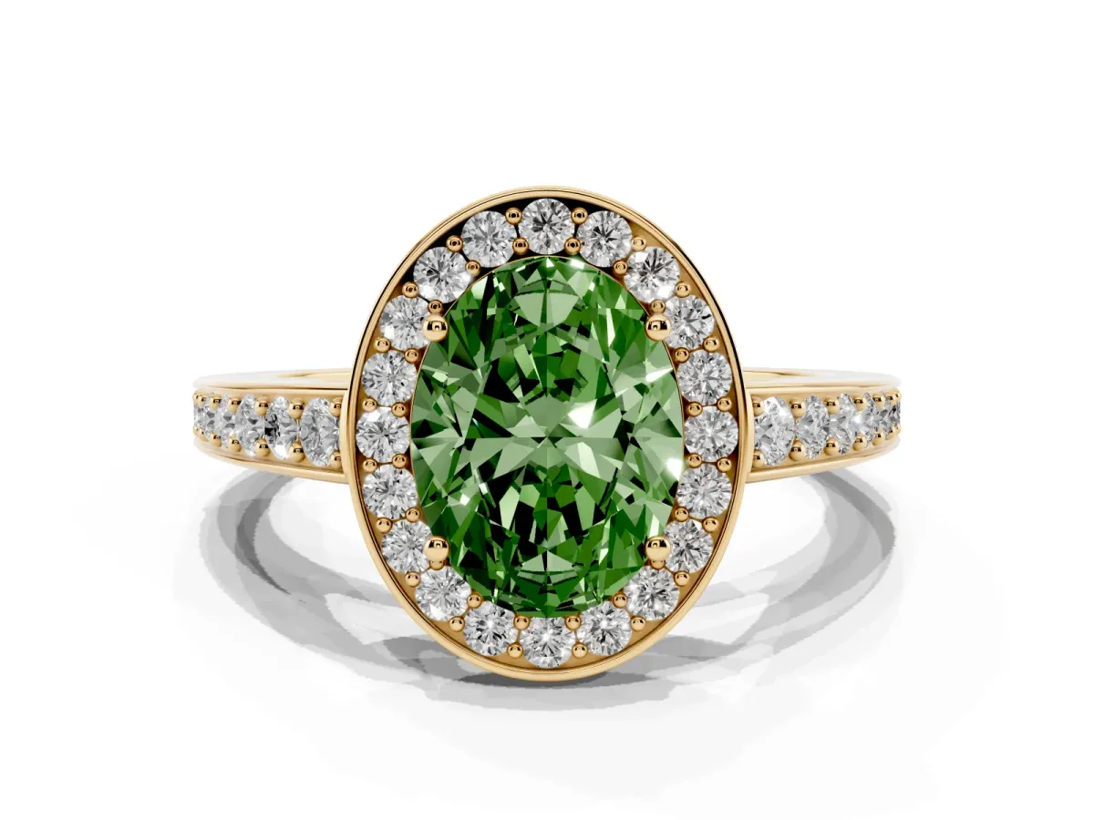 Fancy Green Oval Cut Halo Pavé Diamond Engagement Ring with Bezel Setting Yellow gold