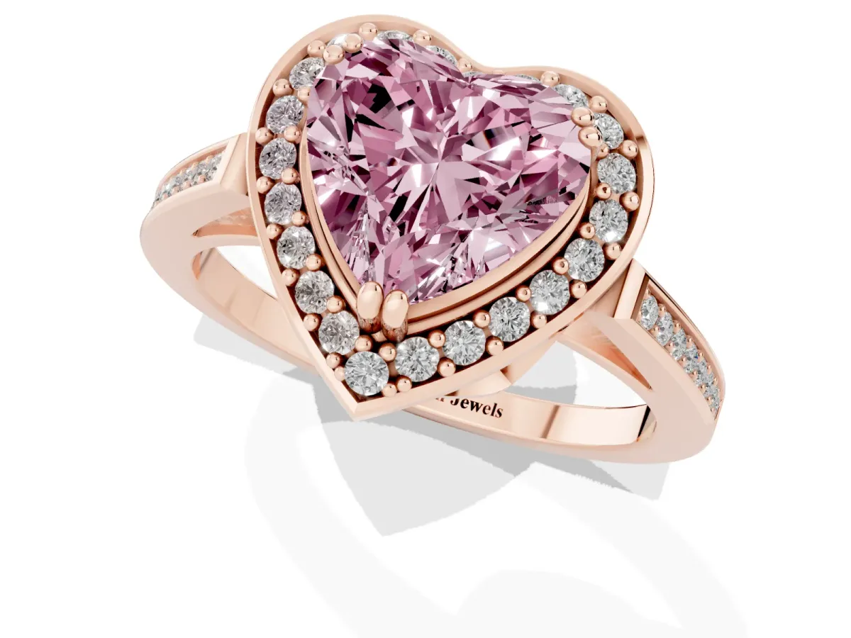 Fancy Pink Heart Cut Diamond Halo Ring with Split Shank and Four-Prong Setting Rose gold
