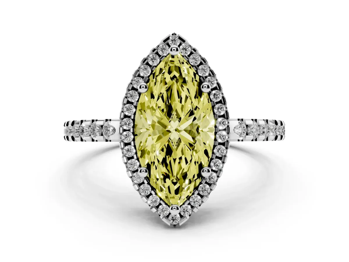 Fancy Yellow Marquise Cut Diamond Halo Engagement Ring with Pavé Band and Prong Setting White gold