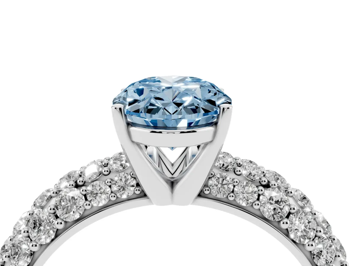 Fancy Blue Oval Cut Diamond Pavé Band Solitaire Ring with Four-Prong Setting Silver