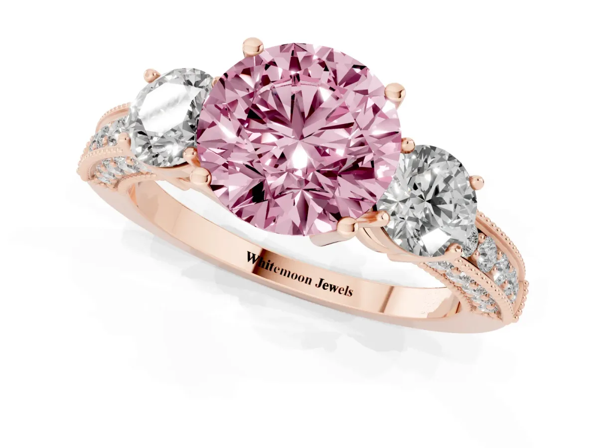 Fancy Pink Round Cut Three-Stone Diamond Ring with Pavé Band and Four-Prong Setting Rose gold