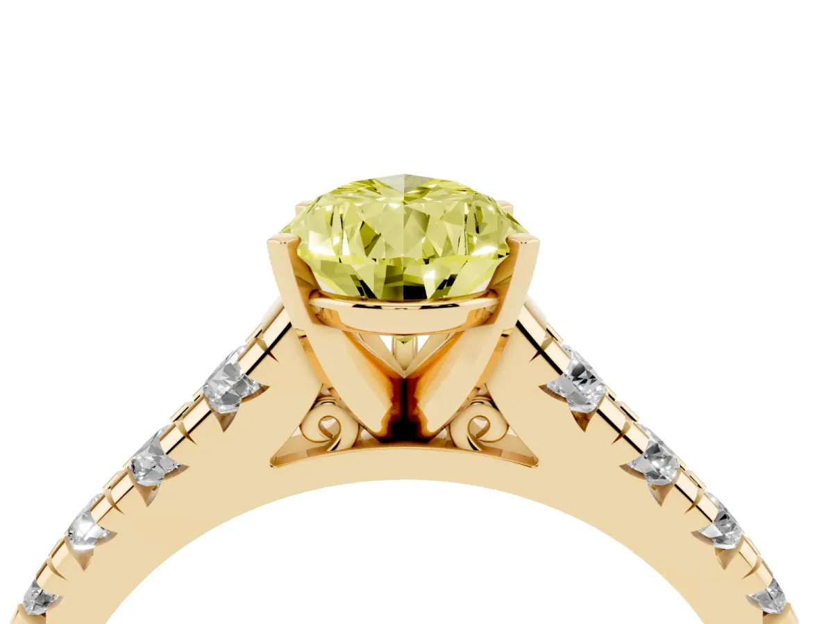 Fancy Yellow Pear Cut Diamond Cathedral Solitaire Ring with Round Pavé Band Yellow gold