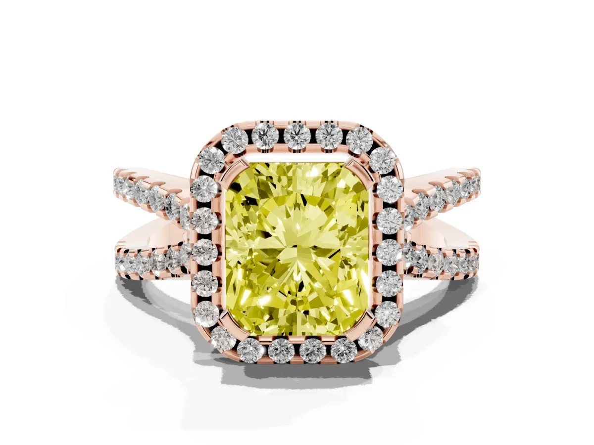 Fancy Yellow Radiant Cut Diamond Halo Ring with Split Shank Pavé Band and Prong Setting Rose gold