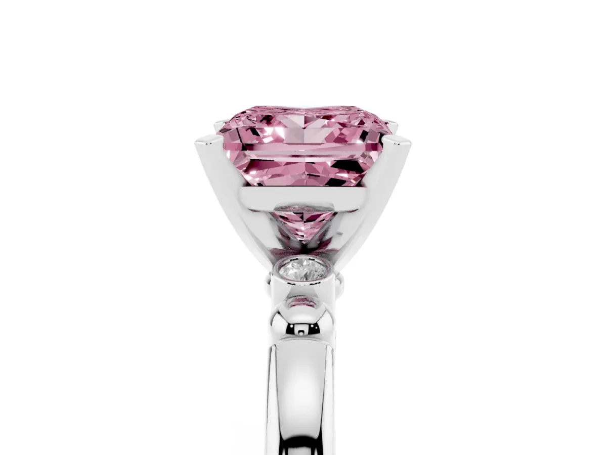 Fancy Pink Princess Cut Solitaire Beaded Band with Four-Prong Setting Silver