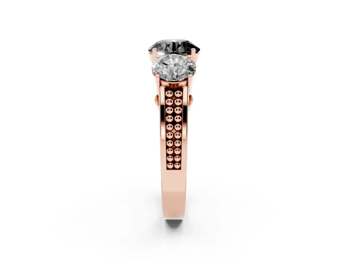 Fancy Black Round Cut Diamond Three-Stone Ring with Prong Setting and Textured Band Rose gold